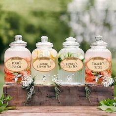 three jars filled with liquid sitting on top of a wooden table next to greenery