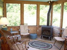 a living room filled with furniture and a wood stove