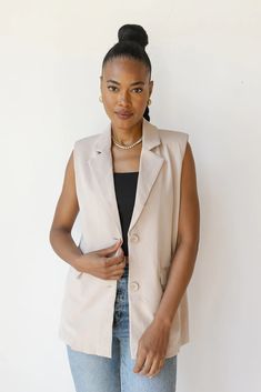 saylor sleeveless blazer vest – mode Vest Blazer Outfit, Beige Vest Outfit, Blazer Vest Outfits For Women, Blazer Vest Outfit, Sleeveless Blazer Outfit, Sleeveless Blazer Vest, Vest Outfits For Women, Wide Leg Linen Trousers, Oversized Vest