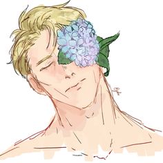 a drawing of a young man with flowers in his hair, wearing a flower headband