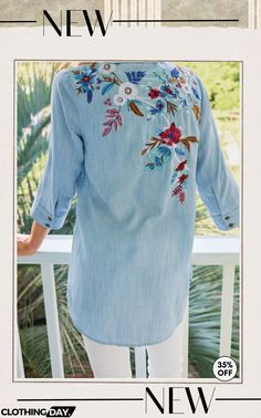 Denim Embroidered Shirt Jacket Soft Surroundings Clothing, Feminine Details, Embroidered Tunic, Soft Surroundings, Petite Outfits, Tunic Length, Petite Dresses, Embroidered Shirt, Cuff Sleeves