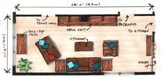 a floor plan for a living room and dining area with couches, coffee table, kitchenette, fireplace, and tv