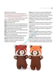 two crocheted bears are standing next to each other on a page with text