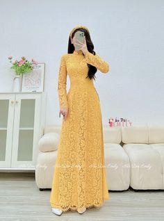 🌻Material: Lace and silk , double layers Stretchy level: 1/10 🌻 The measurement of this ao dai (long dress) is in Vietnamese size (American size tends to be bigger for the same size). Please LOOK AT THE SIZE CHART CAREFULLY BEFORE ORDERING. There might have some chalk writings on the fabric due to making process. These marks can be washed away easily. 🌻🌻No returns or exchanges Buyer can contact seller about any issues with an order. 🌸 Follow us Facebook/aodaiemily www.aodaiemily.com 💜 Thank you very much!💜 Full Length Fitted Ao Dai For Wedding, Fitted Long Ao Dai For Party, Festive Long Sleeve Cheongsam For Party, Festive Wedding Ao Dai In Maxi Length, Elegant Fitted Ao Dai For Eid, Fitted Ao Dai For Spring Wedding, Elegant Long Sleeve Ao Dai For Eid, Traditional Bridesmaid Dresses, Traditional Floor-length Bridesmaid Dress