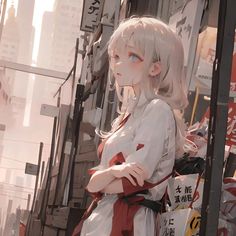 an anime character is standing in the middle of a city with signs and buildings behind her