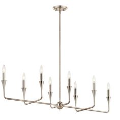 a large chandelier with six lights on each end and five arms, all in brushed steel