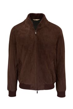 Maurizio Baldassari - Brown Suede Bomber Jacket Classic Outerwear With Zipper Closure, Classic Business Outerwear With Zipper Closure, Winter Business Outerwear With Ribbed Cuffs, Luxury Leather Outerwear With Ribbed Cuffs, Luxury Outerwear With Ribbed Collar For Fall, Casual Brown Outerwear With Ribbed Collar, Fitted Leather Jacket With Ribbed Cuffs For Fall, Brown Outerwear With Ribbed Cuffs For Layering, Long Sleeve Leather Jacket For Layering