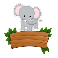 an elephant standing on top of a wooden sign with green leaves around it's edge