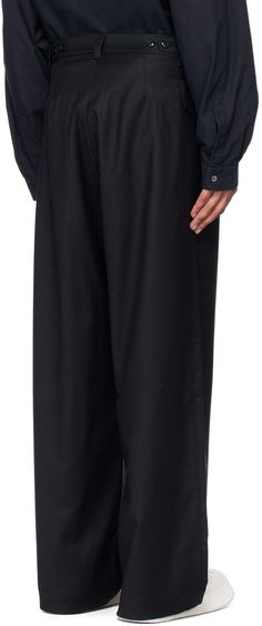 Wide-leg stretch virgin wool flannel trousers. · Mid-rise · Belt loops · Adjustable button tabs at waist · Zip-fly · Flap and patch pocket at outseams Supplier color: Navy Business Wool Wide-leg Pants, Wide Leg Wool Bottoms For Business, Black Wool Bottoms With Welt Pockets, Formal Wide Leg Bottoms With Patch Pockets, Wool Bottoms With Pressed Crease And Ankle-length, Wool Ankle-length Pants With Pressed Crease, Black Wool Wide-leg Bottoms, Black Wool Wide-leg Pants, Ankle-length Wool Pants With Pockets