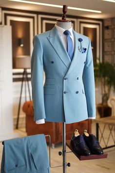 Get inspired by this Sky Blue Peaked Lapel Double Breasted Bespoke Men's Prom Suits with affordable price Shop Pool Peaked Lapel men's blazers at ballbella with free shipping available. Mens Suit Design, Stylish Mens Suits Wedding, Sky Blue Suit Men, Classy Suits Men, Sky Blue Blazer, Double Breasted Suit Men, Sky Blue Suit, Prom Men, Prom For Guys