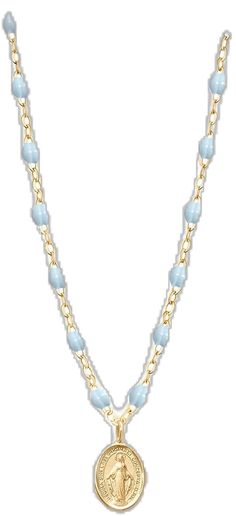 Gigi Clozeau - Madone Charm Classic Gigi Baby Blue necklace, Yellow Gold, 16.5 Elegant Light Blue Necklace With Beaded Chain, Elegant Light Blue Beaded Jewelry, Elegant Light Blue Beaded Chain Jewelry, Luxury Light Blue Necklace For Gift, Light Blue Beaded Chain Jewelry Gift, Blue Beaded Collar Necklaces, Blue Necklaces With Clavicle Chain And Round Beads, Blue Clavicle Chain Necklaces With Round Beads, Gold Baby