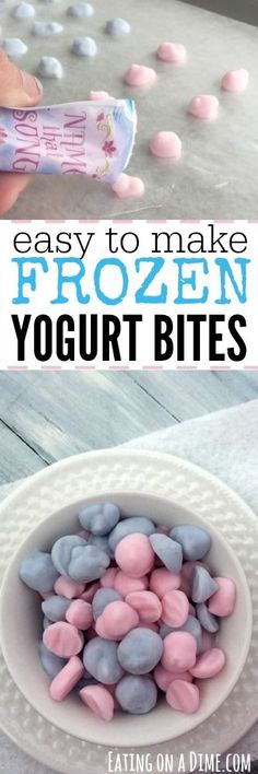 an easy to make frozen yogurt bites recipe with pink and blue marshmallows