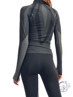 Seamless technology. Moisture-wicking. Four-way stretch. Full zip jacket. Machine wash cold (Gentle cycle), Tumble dry low or Hang Dry (recommended). Inseam: Small: 26.6" Medium: 27" Large: 27" Fabric: 92% Polyester & 8% Spandex **THIS ITEM IS A FINAL SALE ITEM. NO RETURNS OR EXCHANGES ALLOWED** Functional Stretch Top For Winter, Winter Training Tops With Thumbholes, Snug Fit Sports Tops For Winter, Technical Stretch Outerwear For Sports, Fitted Go-dry Top For Winter, Functional Gray Winter Top, Breathable Fitted Activewear For Winter, Breathable High Stretch Activewear For Fall, Fitted Sweat-resistant Activewear For Winter