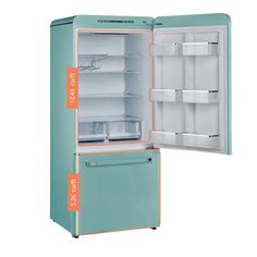 an old fashioned refrigerator with its door open and the contents labeled in orange are shown