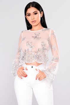 White Transparent Top, Fashion Nova Outfits, Sequin Top, Lingerie Fashion, Girly Outfits, White Fashion, Teen Fashion Outfits, Fashion Poses, Tops For Women