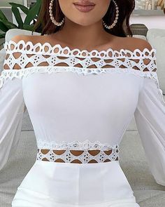 Off Shoulder Lattice Detail Hollow Out Romper sold by girl clothing on Storenvy White Hollow Out Top For Party, Fitted Off-shoulder White Blouse, White Fitted Off-shoulder Blouse, Fitted White Cutout Tops, White Stretch Top With Hollow Out Details, White Hollow Out Fitted Tops, Elegant Summer Tops With Cutout Details, Fitted Hollow Out Tops For Spring, Chic White Cutout Tops