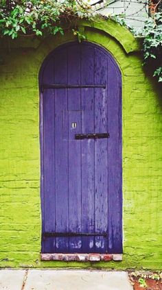 a purple and green door in front of a green building with vines growing over it