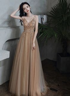 Sexy Champagne Beaded Deep V-neckline Long Party Dress, Tulle A-line P – BeautyDressy Evening Gowns Gold, Tulle Evening Gown, Champagne Prom Dress, Evening Gala, A Line Prom Dress, Exquisite Gowns, A Line Prom Dresses, Party Dress Long, Evening Dresses Prom