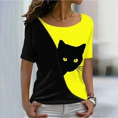 Show Your Purr-sonality Calling all cat enthusiasts! Show off your feline affection every day with our Vibrant Casual Funny Cat T-Shirts. Ideal for those lazy summer days or cozy winter vacations, these tees are made from a soft, stretchy blend of cotton, polyester, and spandex. The fabric is easy-care, ensuring it won't shrink or fade, keeping your favorite shirt looking fresh and vibrant. Featuring a comfortable oval boat neck and short sleeves, these tees come in an array of contrasting color Casual Fitted T-shirt With Cat Design, Fitted Summer T-shirt With Cat Print, Summer Fitted T-shirt With Cat Print, Fitted Cat Print T-shirt For Summer, Casual Summer Tops With Cat Print, Casual Summer Cat Print Tops, Casual Cat Print Top For Summer, Summer Cat Print Crew Neck Top, Black T-shirt With Cat Print For Summer