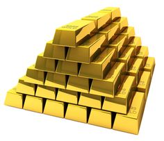 a pile of gold bars sitting on top of each other in front of a white background