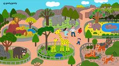 an illustrated zoo scene with animals and people