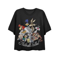 Show off the cartoon style of this juniors' Looney Tunes graphic tee. Show off the cartoon style of this juniors' Looney Tunes graphic tee. Crewneck Short sleevesFIT & SIZING Cropped lengthFABRIC & CARE Cotton Machine wash Imported Size: Small. Color: Black. Gender: female. Age Group: kids. Cotton Cartoon Print Tops, Funny Black Tops With Character Print, Cartoon Style Cotton Top With Letter Print, Cotton Cartoon Style Tops With Letter Print, Cotton Cartoon Character Print Tops, Cotton Cartoon Tops With Character Print, Cotton Tops With Cartoon Character Print, Disney Crew Neck T-shirt With Funny Print, Cartoon Character Print Short Sleeve Tops