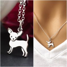 "Sterling Silver Chihuahua Necklace. ⬇️ PLEASE CLICK \"learn more\" BELOW TO READ FULL DESCRIPTION. CHARMS DO NOT SLIDE OFF CHAIN UNLESS REQUESTED. If you would like your charms to be able to slide off your chain, choose the length from the drop down menu that specifies the chain length that allows the charms to slide off. Example - 16\" charm slides off, 18\" charm slides off, etc. 💫 PERSONALIZE YOUR NECKLACE ★ PURCHASE an INITIAL, BIRTHSTONE OR PEARL ★ Use LINK below to add each choice to you Cute Charm Necklaces As Gift, Cute Pendant Charm Necklace For Gift, Cute Silver Jewelry Perfect As A Gift, Cute Hypoallergenic Charm Necklace For Gift, Cute Hypoallergenic Charm Necklaces For Gifts, Tiny Pendant Charm Necklaces For Gift, Cute Sterling Silver Necklace Gift, Cute Sterling Silver Necklace For Gift, Tiny Necklaces For Mother's Day Gift