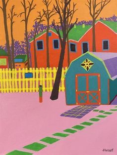 a painting of a colorful barn and trees