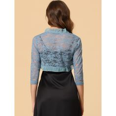 The ruffle collar, sheer floral lace fabric, and crop length give a unique, elegant touch. This cardigan shrug is perfect for layering over your favorite dresses or tops. It adds the right amount of coverage without taking away from the overall style of your outfit. If you're looking for a versatile and stylish piece to add to your wardrobe, the Women's Elegant Ruffle Collar Crop Cardigan Sheer Floral Lace Shrug Top is the perfect choice. It's a timeless piece that you can wear season after seas Delicate Lace Cropped Top For Party, Elegant Cropped Lace Top With Scalloped Edges, Elegant Non-stretch Lace Top For Spring, Spring Party Cropped Shrug, Elegant Cropped Spring Shrug, Elegant Cropped Shrug For Spring, Cropped Shrug For Spring Party, Spring Formal Lace Patchwork Top, Fitted Blue Lace Top With Lace Trim