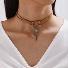 Faux Leather Choker Centered With A Textured Circle Attached To Feather Charms And A Faux Turquoise Bead. Complemented With Rustic Bronze Toned Metal For A Boho Feel. New In Packaging Length: 27 Cm Extender: 5 Cm Materials: Metal Alloy, Pu Leather Suede Choker Necklace, Collar Hippie, Turquoise Charm, Leather Choker Necklace, Boho Choker, Feather Charms, Leather Chokers, Hippie Jewelry, Chain Choker Necklace