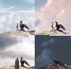 four different pictures of people walking on top of a hill with an animal in the foreground