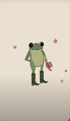 a frog is holding a pink flower in its hand and wearing green boots with stars on the wall behind it