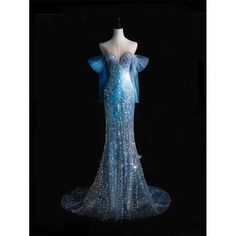 Off Shoulder Blue Sequins Mermaid Evening Gown With Gauze Plus Size - WonderlandByLilian Light Blue Sequined Evening Dress For Gala, Elegant Light Blue Mermaid Dress For Prom Season, Blue Glamorous Mermaid Dress For Wedding, Blue Glamorous Evening Dress With Sweep Train, Glamorous Blue Evening Dress With Sweep Train, Elegant Light Blue Mermaid Dress For Prom, Glamorous Blue Mermaid Dress For Wedding, Elegant Light Blue Mermaid Dress For Evening, Elegant Light Blue Mermaid Hem Dress