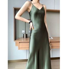 Summer Women Satin Slip Dress Backless Vintage Solid Elegant Lady Green Sexy Silk Long Party Dress Solid Midi Dress, Long Party Dress, Crewneck Sweatshirt Women, Dress Backless, Elegant Lady, Midi Dress Summer, Straight Trousers, Satin Slip, Satin Slip Dress