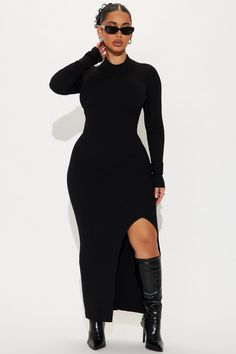 Buy Anna Sweater Maxi Dress in Black from Fashion Nova. These Dresses are available in most sizes. Receive free US shipping on orders over $75. Black Maxi Dress Outfit Ideas, Long Dress With Boots, Embellished Midi Dress, Sweater Maxi Dress, Fashion Fits, Matching Dresses, Black Midi Dress, Black Maxi Dress, Dress With Boots