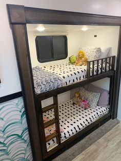 Bunk bed in RV with Beddys bedding Diy Camper Bunk Beds Travel Trailers, Camper Bunk Room Storage Ideas, Campers With Bunk Room, Small Camper Bunkhouse Remodel, Camper Master Bed Decor, Camper Bunks Remodel, Camper Bunk Bed Remodel