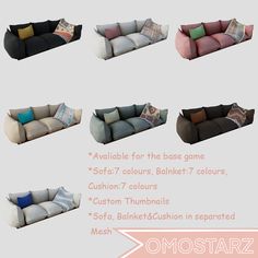 the different types of couches are shown in various colors and sizes, including pink, blue