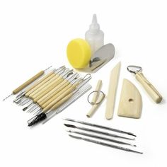 an assortment of kitchen utensils and tools on a white background