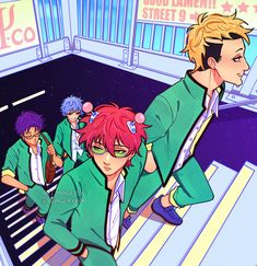 an anime character with red hair and green jacket standing next to other characters in front of a window