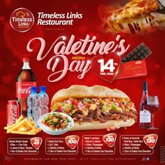 the valentine's day menu is shown with different foods and drinks on it, including pizza