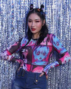 Model (WearingS):• Height: 170cm | Bust: 88cm | Waist: 65cm | Hip: 90cmDetails: Purple mesh top with thumb cut-out and anime character printLength: NormalSleeve Length: Long sleevesMaterials: 95% Polyester + 5% Spandex Cherry Baby, Purple L, Rainbow High, Y2k Outfits, Ultra Modern, Clothing Inspiration, Cami Crop Top, Maxi Dresses Casual, Crop Top Blouse