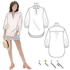 a women's blouse and top sewing pattern from the front, with short sleeves