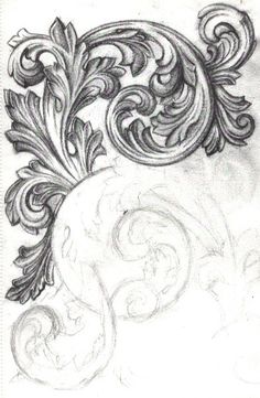 a drawing of an ornamental design with leaves and swirls on the top of it