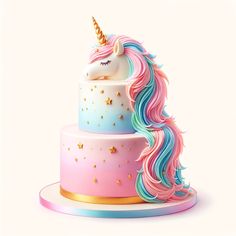 a three tiered cake with a rainbow unicorn on top