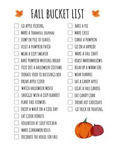 the fall bucket list is filled with pumpkins and other things to do in it