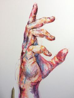 a drawing of a hand holding something in it's right hand with colored paint