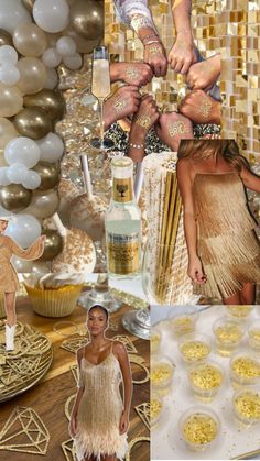 a collage of photos with gold and white decorations, champagne bottles, cupcakes