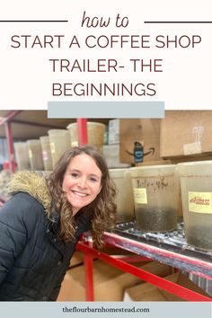 a woman standing in front of a shelf full of coffee bags and containers with text overlay