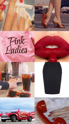 pink ladies collage with red lipstick and accessories