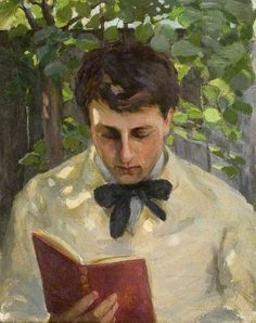 a painting of a man in a white shirt and bow tie reading a book outside